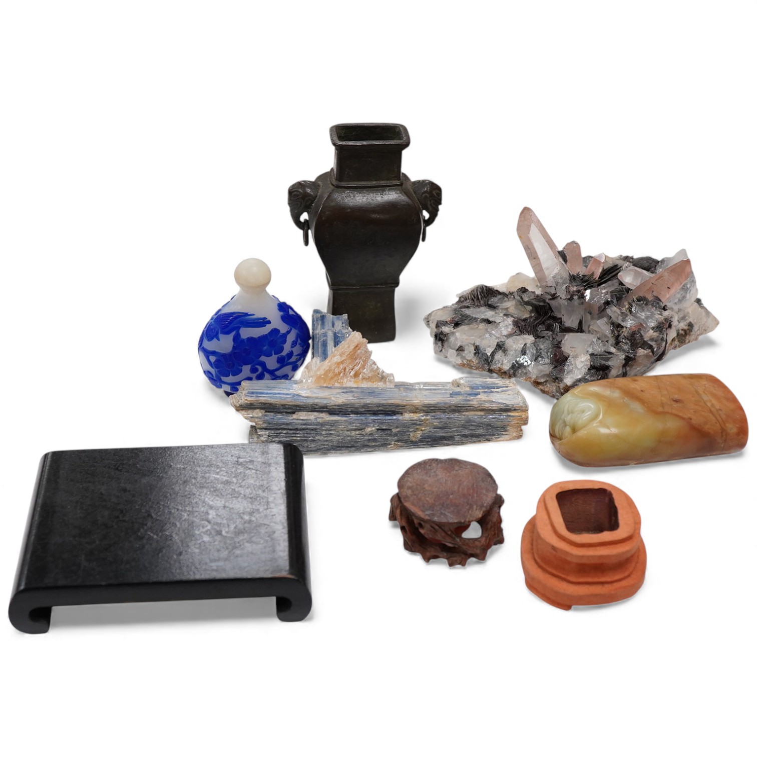 A Chinese bronze small vase, 19th century, rose quartz-14cm and Kyanite specimens, a soapstone seal and a glass snuff bottle